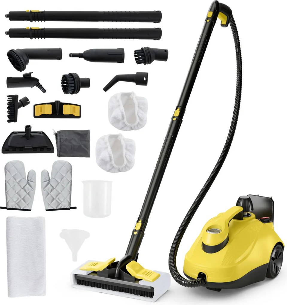Máquina de limpeza a vapor portátil 2000W com tanque 1,8L de alta pressão 5 bar Máquina de limpeza de carpetes para uso doméstico Amarelo