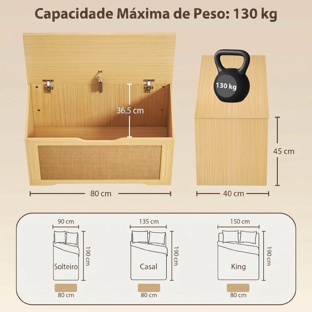 Baú de Arrumação 108 L com Painel de Ratã e Tampa com Braços de Apoio 80x40x45 cm Carvalho