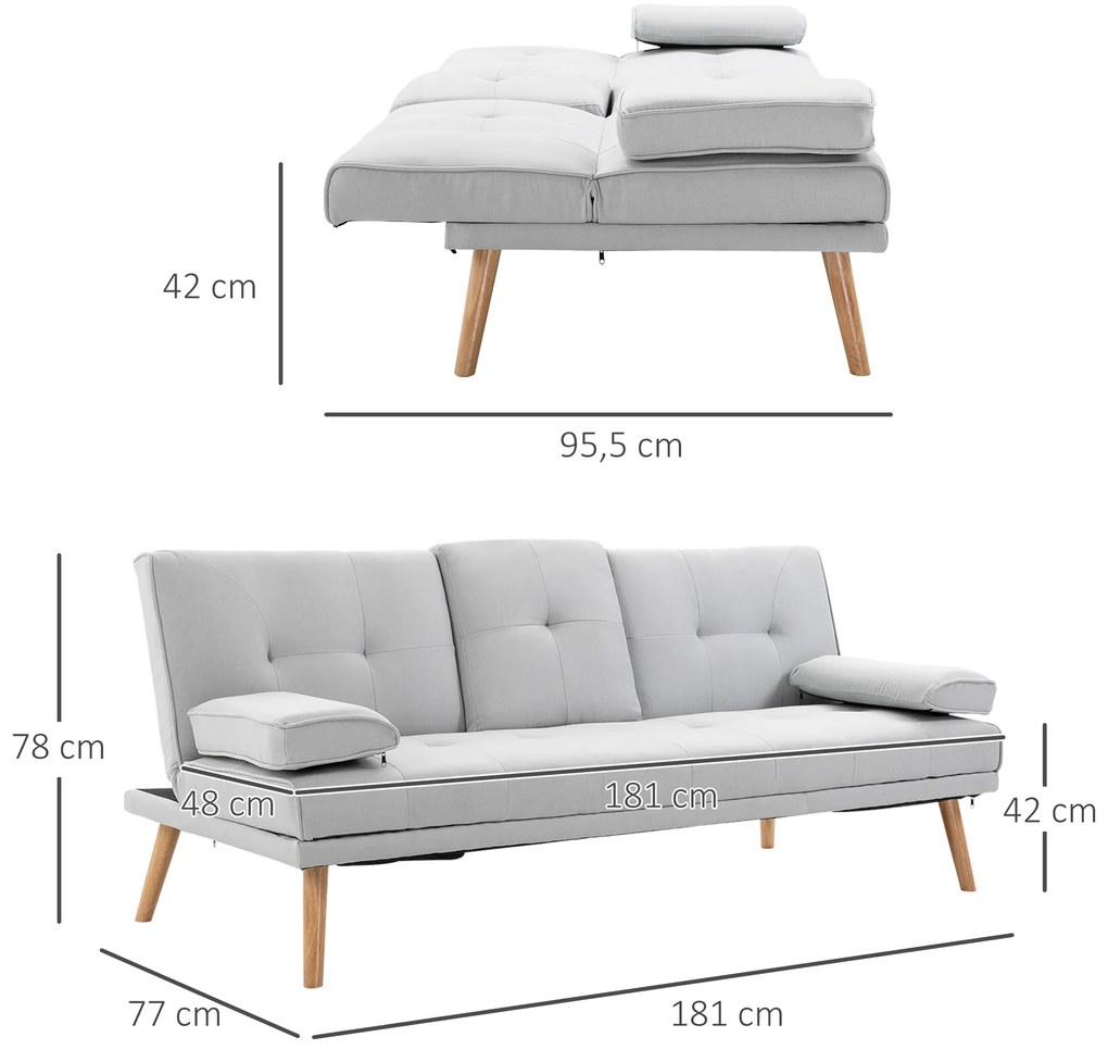 Sofá Cama 3 Lugares com Encosto Ajustável Apoio para os Braços Desmontável e 2 Suportes para Copos 181x77x78 cm Cinza Claro