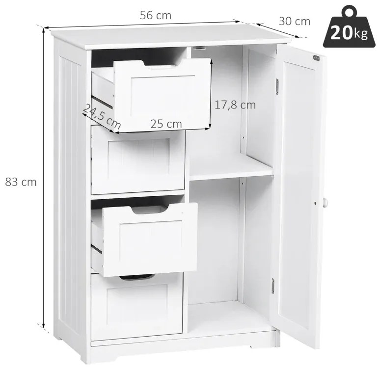 Armário Casa de Banho Móvel Auxiliar Organizador Moderno de Madeira com 1 Armário e Gavetas 56x30x83 cm Branco