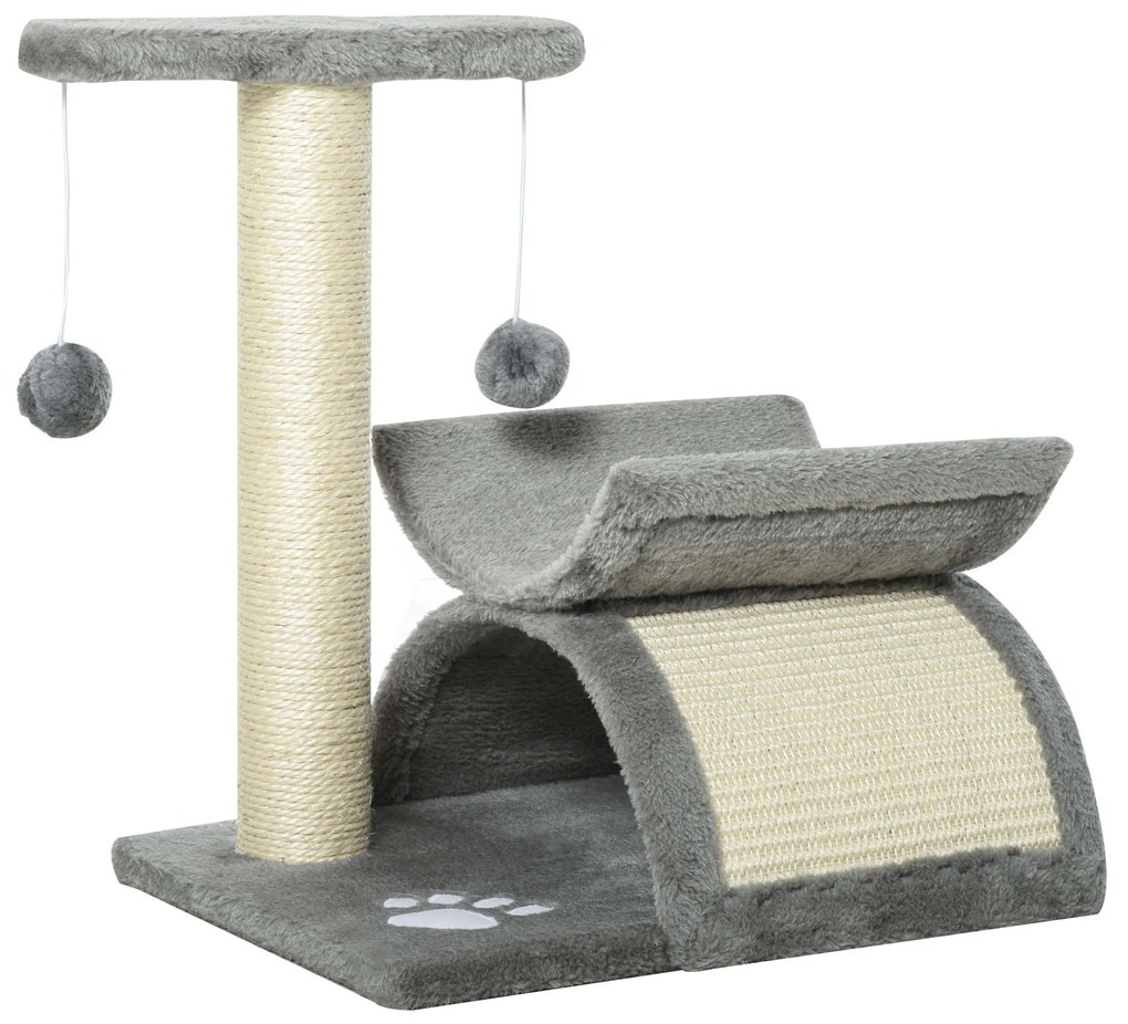 PawHut Arranhador Gatos Pequenos Poste Giratório Bolas Suspensas Esconderijo Plataforma Curva Confortável Cinza 40x30x43 cm