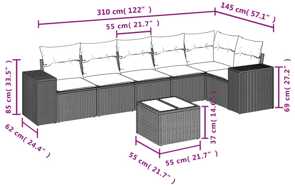 7 pcs conjunto de sofás p/ jardim com almofadões vime PE bege