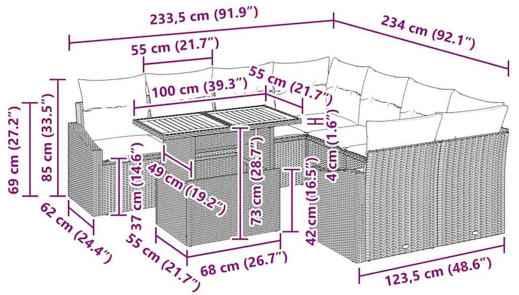 Conjunto de Jantar para Jardim de 9 Peças com Almofadas – Rattan de Po