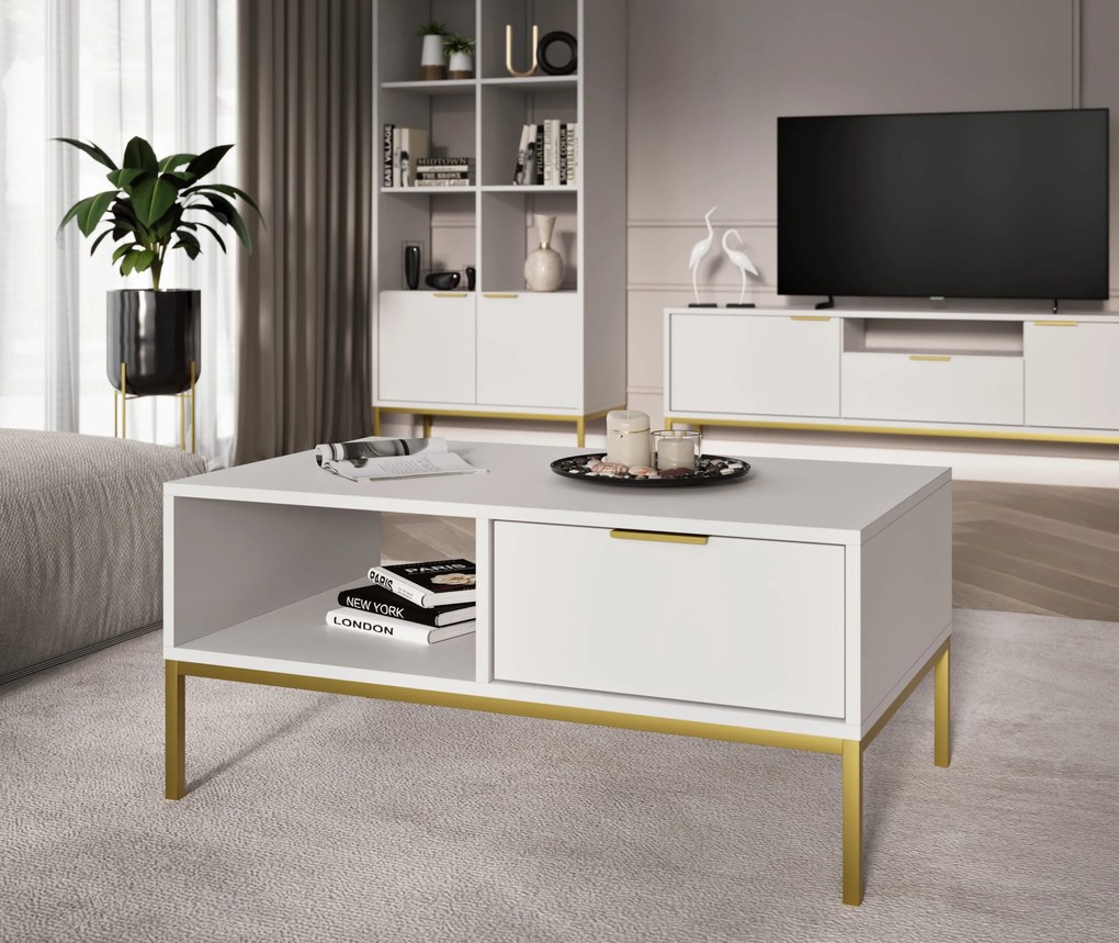 Mesa de Centro "AUSTIN" de 2 Gavetas - 45×100×60 cm - Branco e Dourado