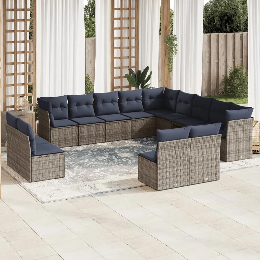 vidaXL 13 pcs conjunto sofás p/ jardim c/ almofadões vime PE cinzento