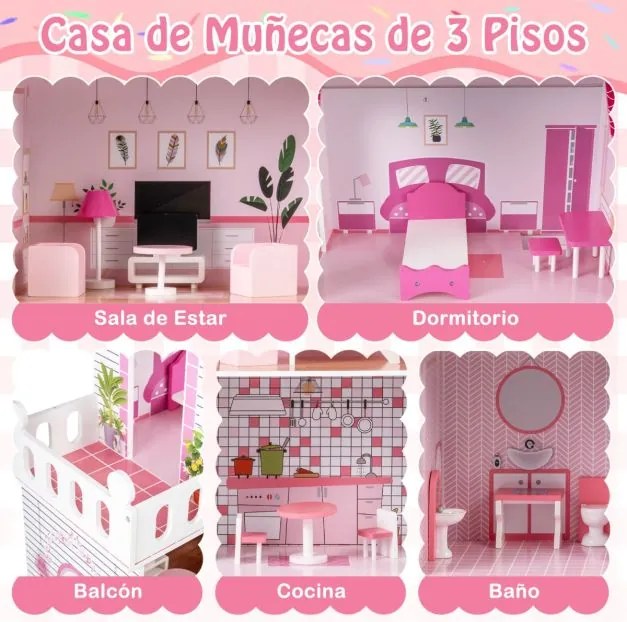 Casa de bonecas de madeira 74,5 x 34 x 120,5 cm com 18 peças de mobiliário e escada rosa