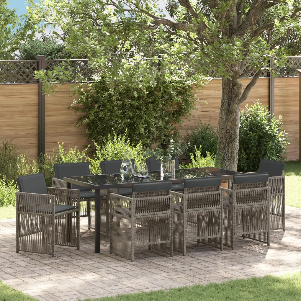 vidaXL Conjunto de Jantar para Jardim de 9 Peças com Almofadas Cinza Vime
