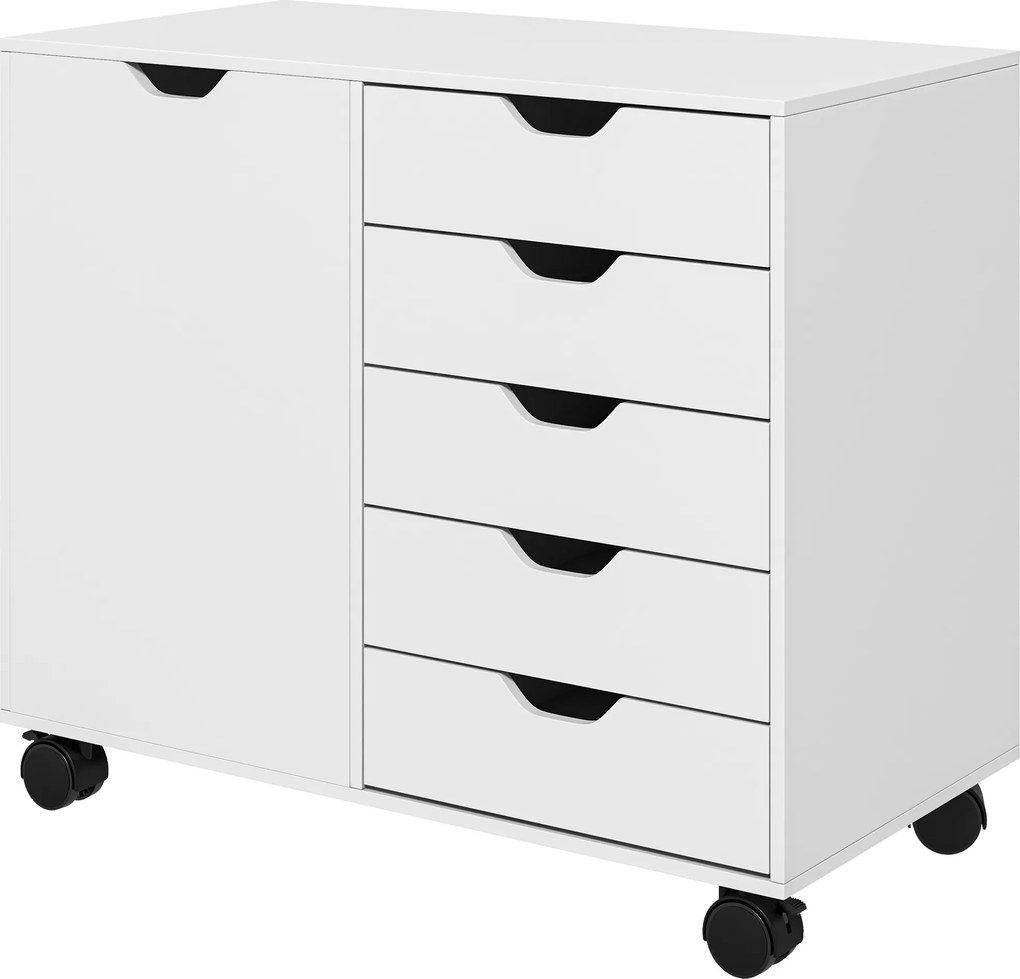 Móvel de arrumação para escritório com 5 gavetas 78 x 40 x 66,5 cm, 1 porta, prateleira ajustável, suporte para impressora e rodas, branco