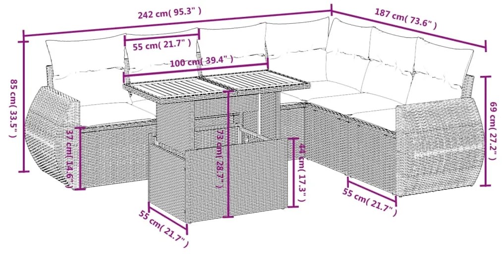 7 pcs conjunto sofás p/ jardim c/ almofadões vime PE cinzento