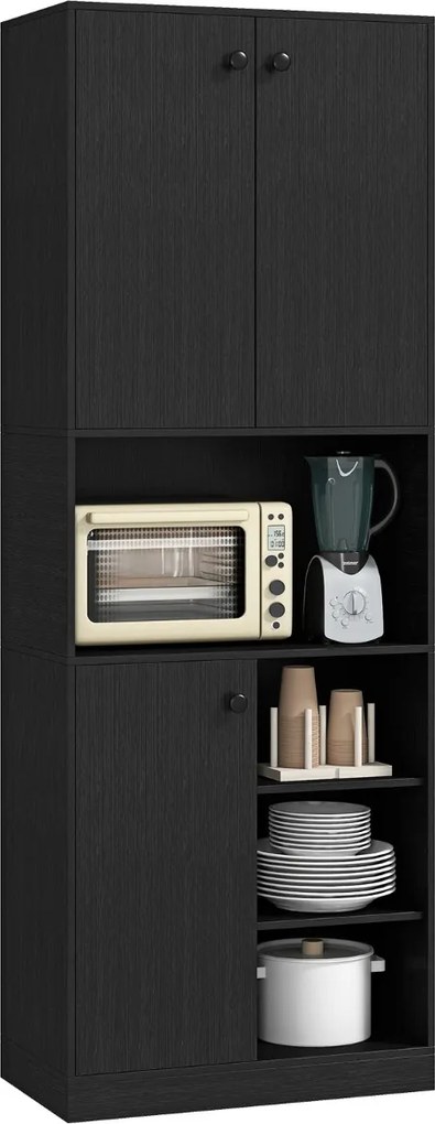 Armário de Cozinha para despensa 166 cm de altura e suporte para micro-ondas com portas e prateleiras Preto