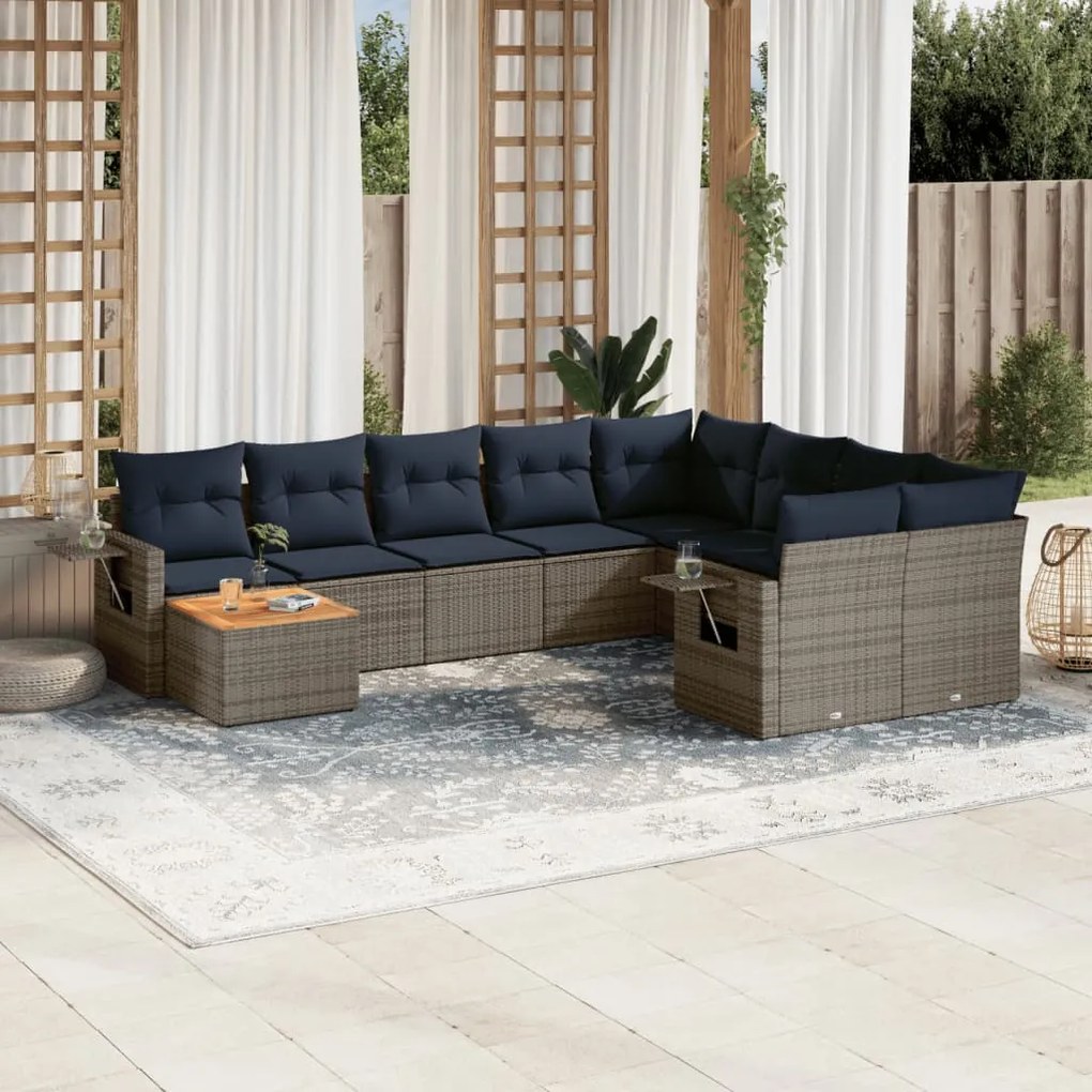 vidaXL 10 pcs conjunto sofás p/ jardim c/ almofadões vime PE cinzento