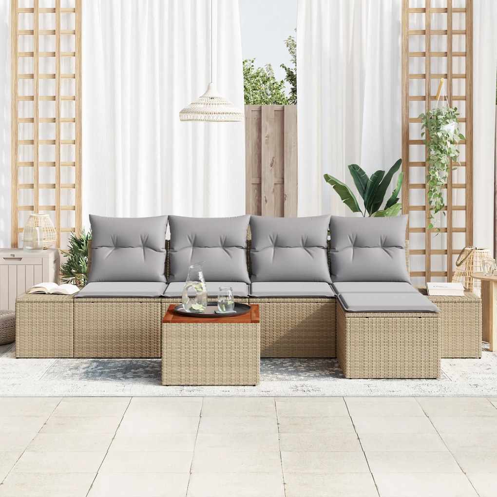 Conjunto de Sofás de Jardim de 6 Peças com Almofadas Bege Polirattan A