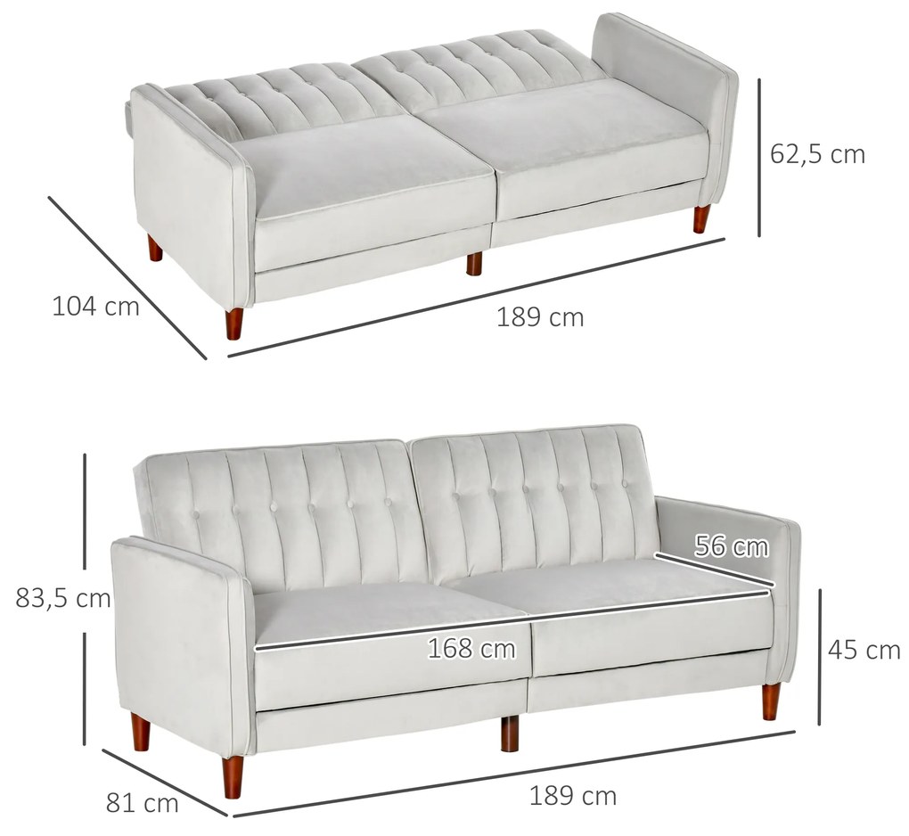 HOMCOM Sofá de 2 Lugares Convertível em Cama Estofado Aveludado com Encosto Ajustável e Pés de Madeira para Sala de Estar Escritório 189x81x83,5cm Cinza Claro