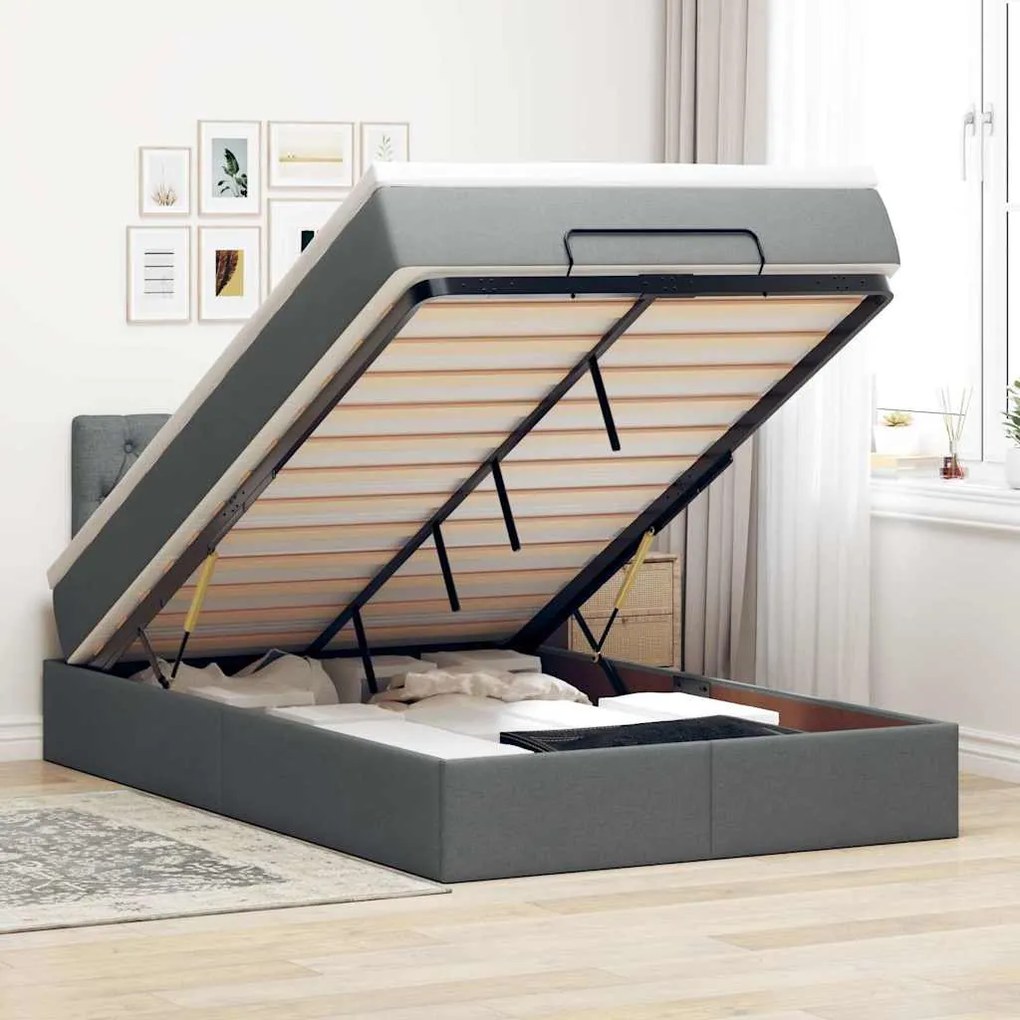 Cama otomana com colchão&LEDs 120x200 cm tecido cinzento escuro