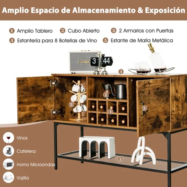 Aparador Buffet Industrial com Porta Vinho Prateleira de Malha 2 Armários com Portas para Corredor da Sala 122 x 41 x 85 cm Castanho