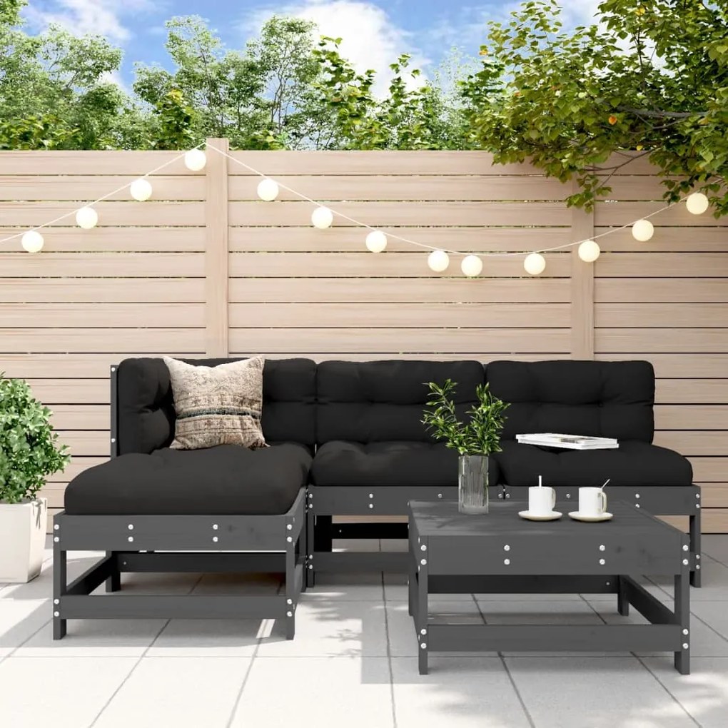 vidaXL 5pcs conjunto lounge jardim com almofadões madeira maciça cinza
