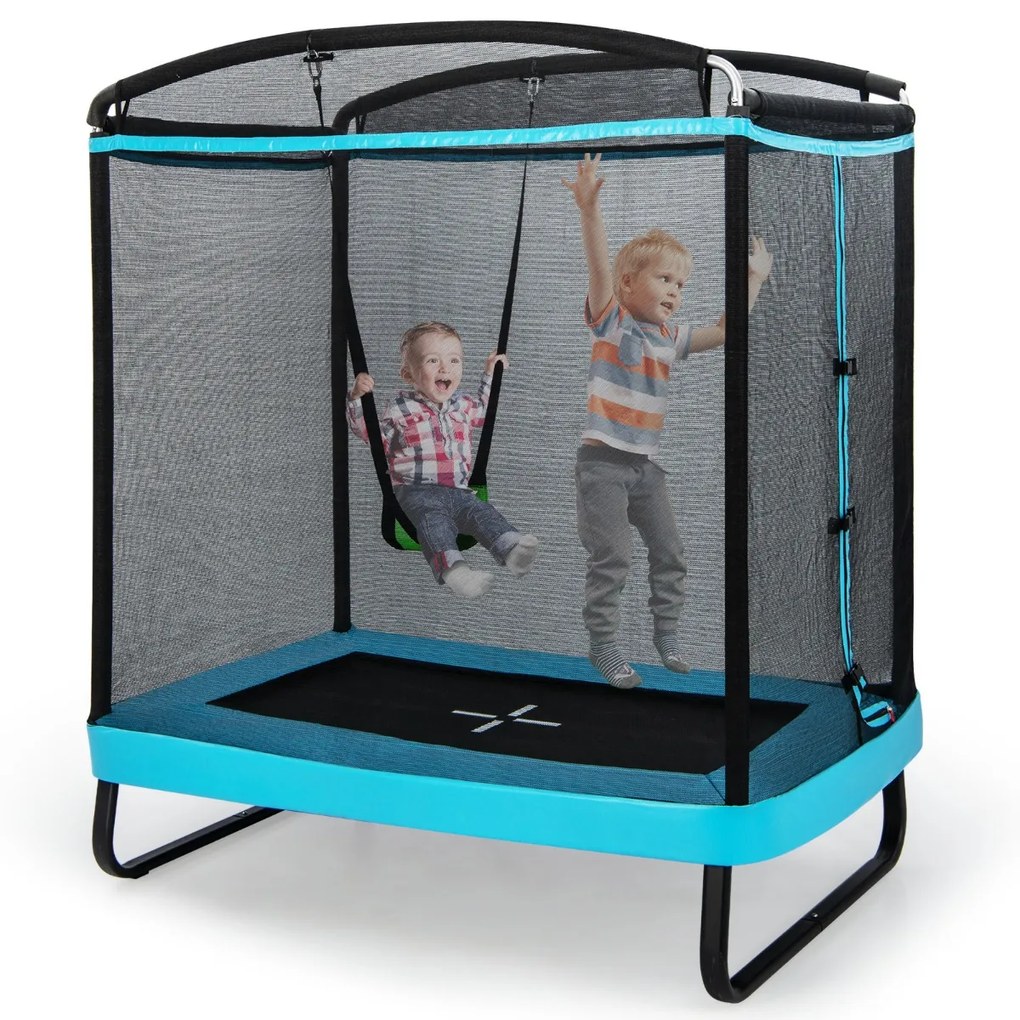 Trampolim retangular para crianças com rede de segurança de equilíbrio Trampolim de entretenimento infantil 190 x 122 x 210 cm Azul