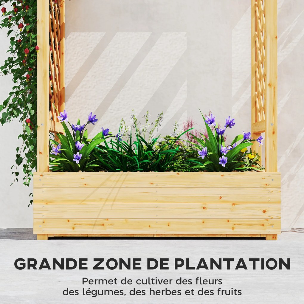 Floreira elevada com treliça lateral e superior, vaso com orifícios de drenagem, 110 x 44 x 113 cm, madeira natural