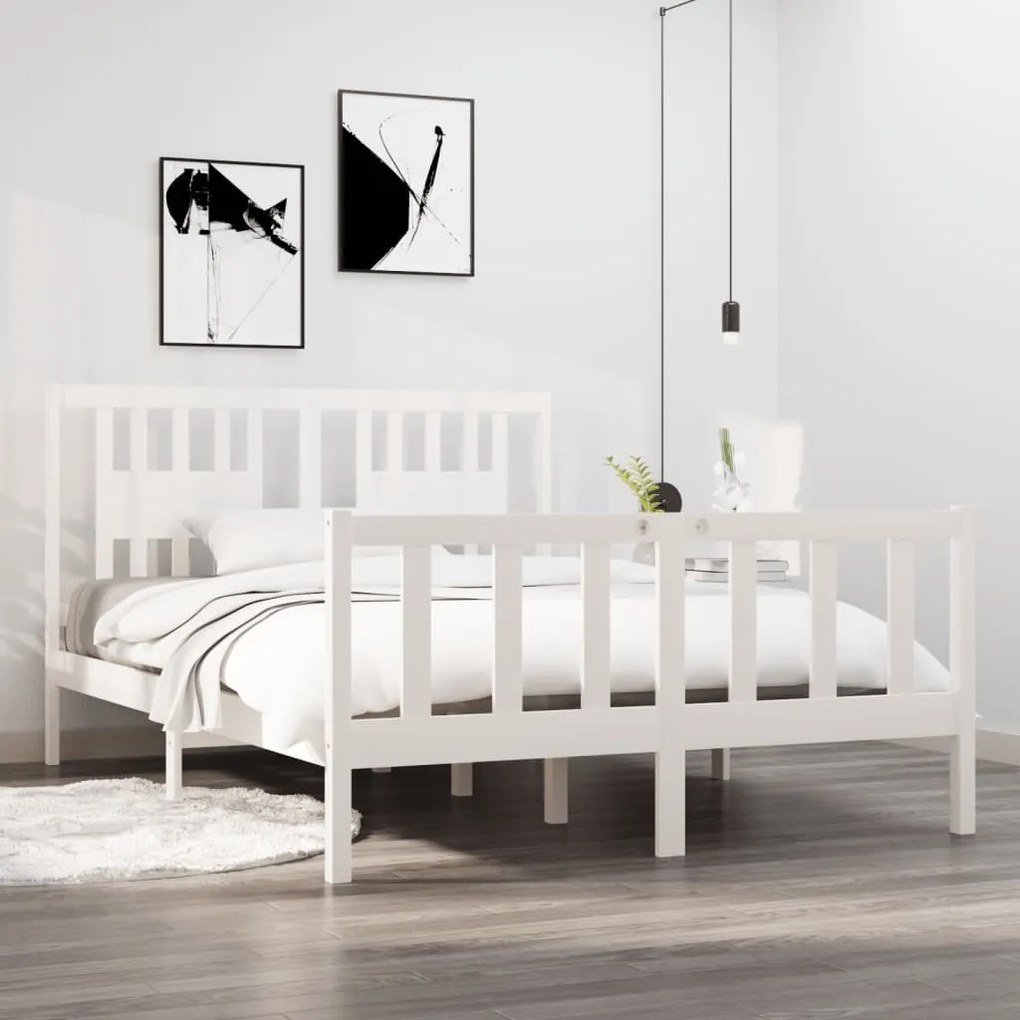 Estrutura de cama casal 135x190 cm madeira maciça branco
