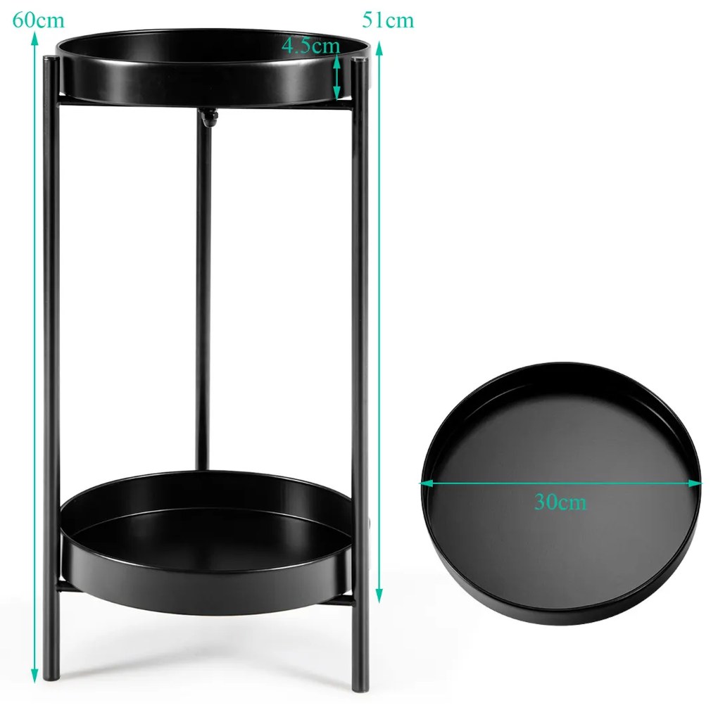 Floreira Suporte para plantas metálicas com 2 níveis Suporte para plantas moderno com 2 bandejas dobráveis para interior e exterior 30 x 60 cm Preto