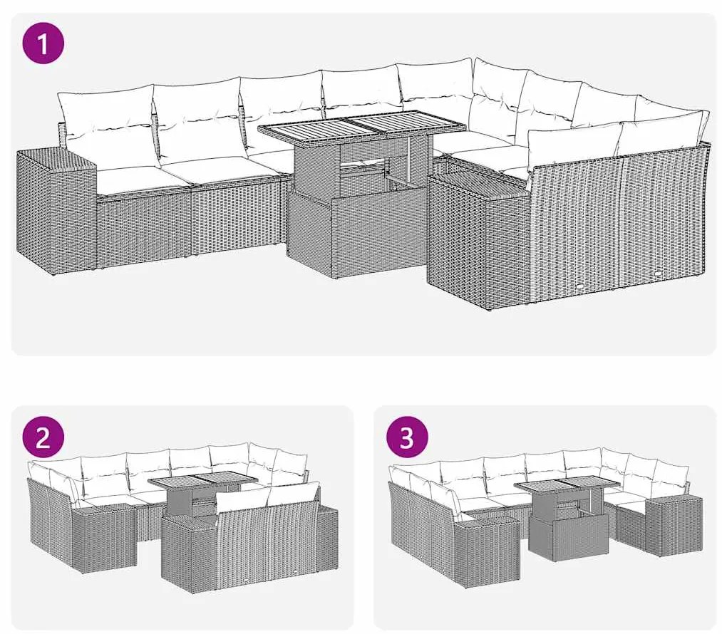 10 pcs conjunto sofás jardim almofadões vime PE/acácia cinzento