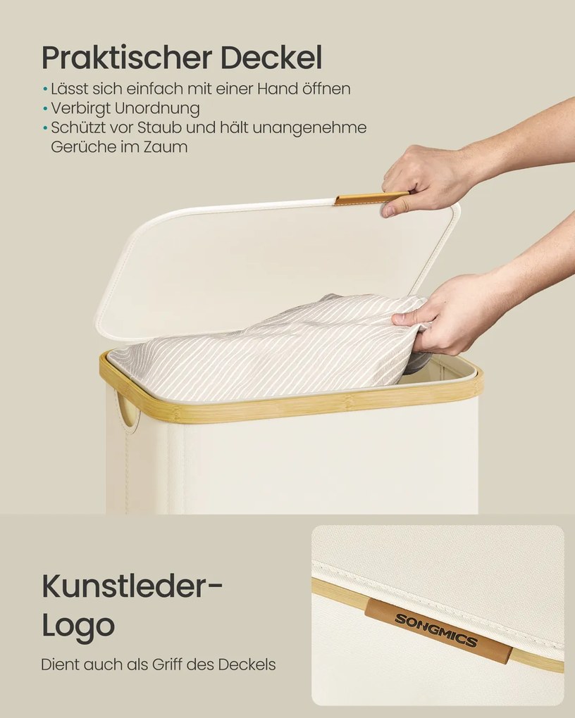 Cesto da roupa suja 42 x 32 x 75 cm com tampa e saco removível, 100 L, creme