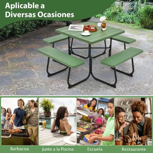 Conjunto de mesa e bancos de piquenique para 8 pessoas com 4 bancos e orifício para guarda-sol, estrutura em metal verde