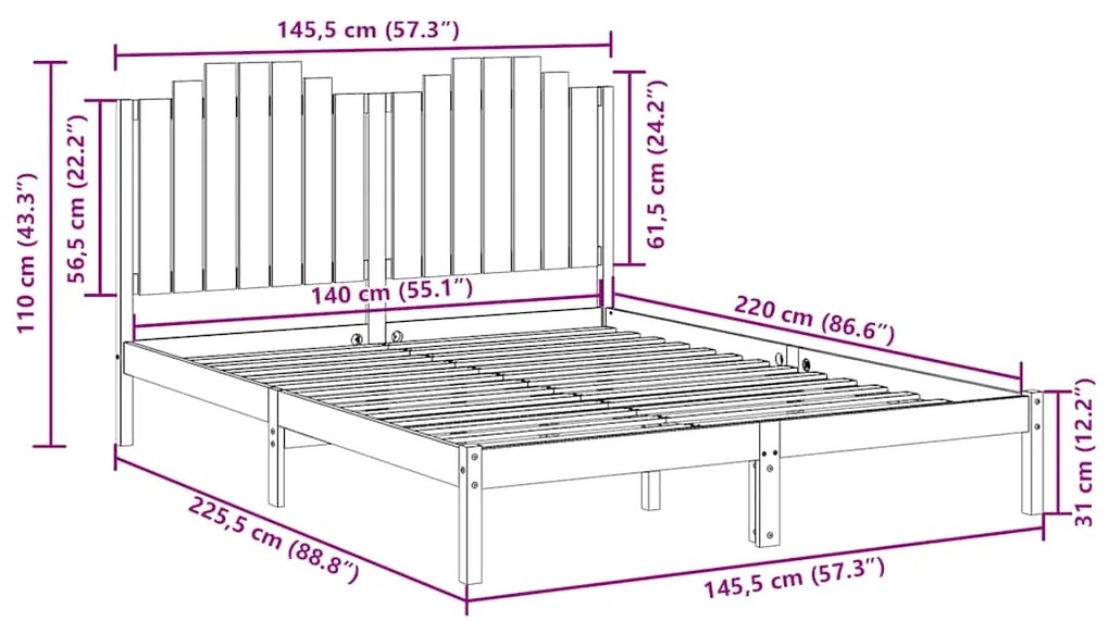 Cama extra longa sem colchão 140x220 cm madeira maciça