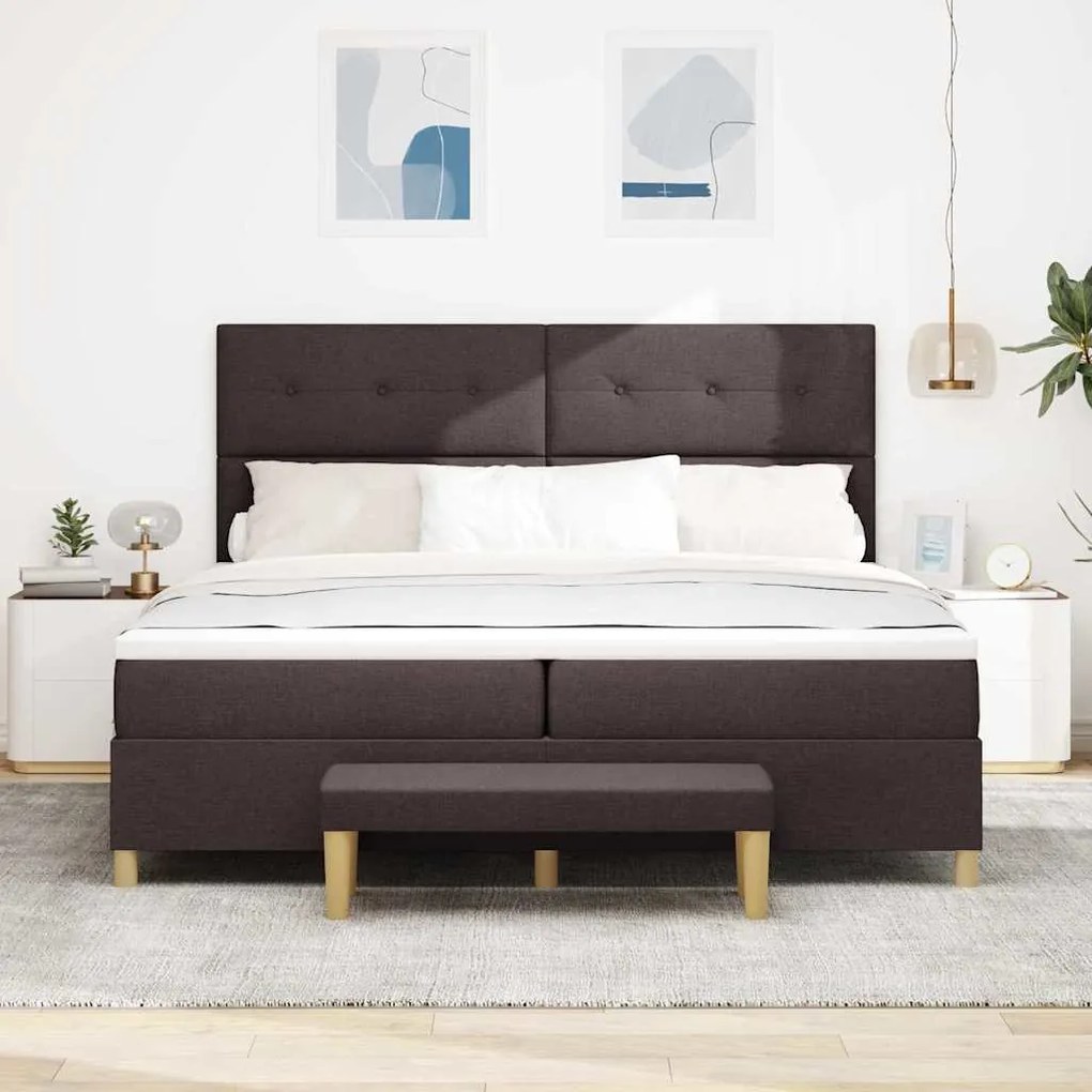 Cama Box Spring com Colchão e Banco Castanho Escuro 200x200 cm Tecido