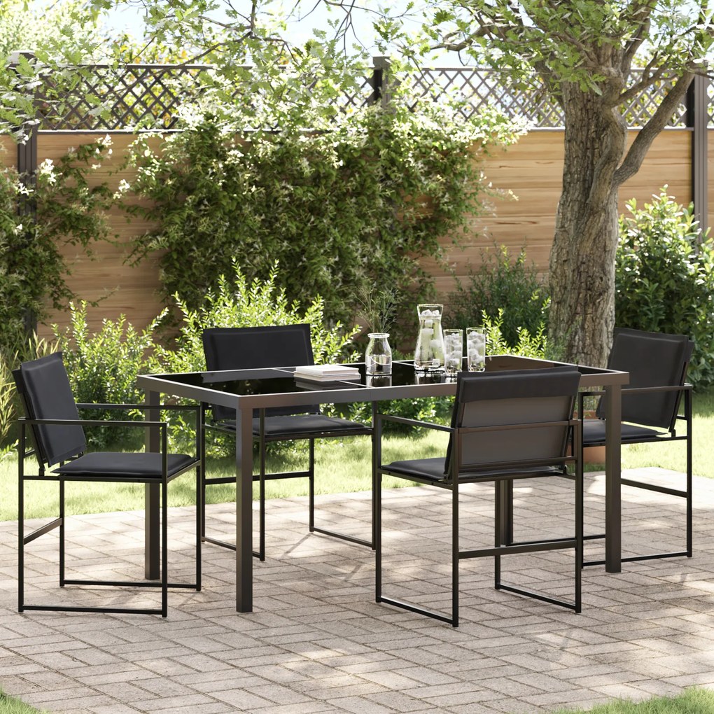 vidaXL Conjunto de 5 Peças de Jantar para Jardim com Almofadas Preto Textilene e Aço