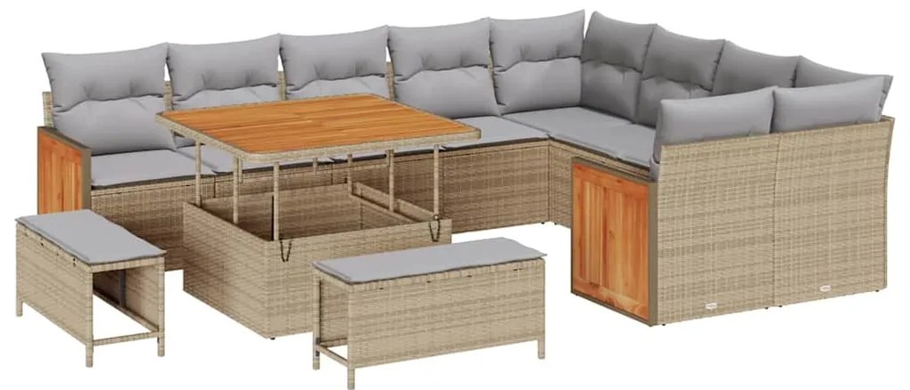 Conjunto de Sofá para Jardim com 12 Peças Bege Rattan Poliéster Acácia