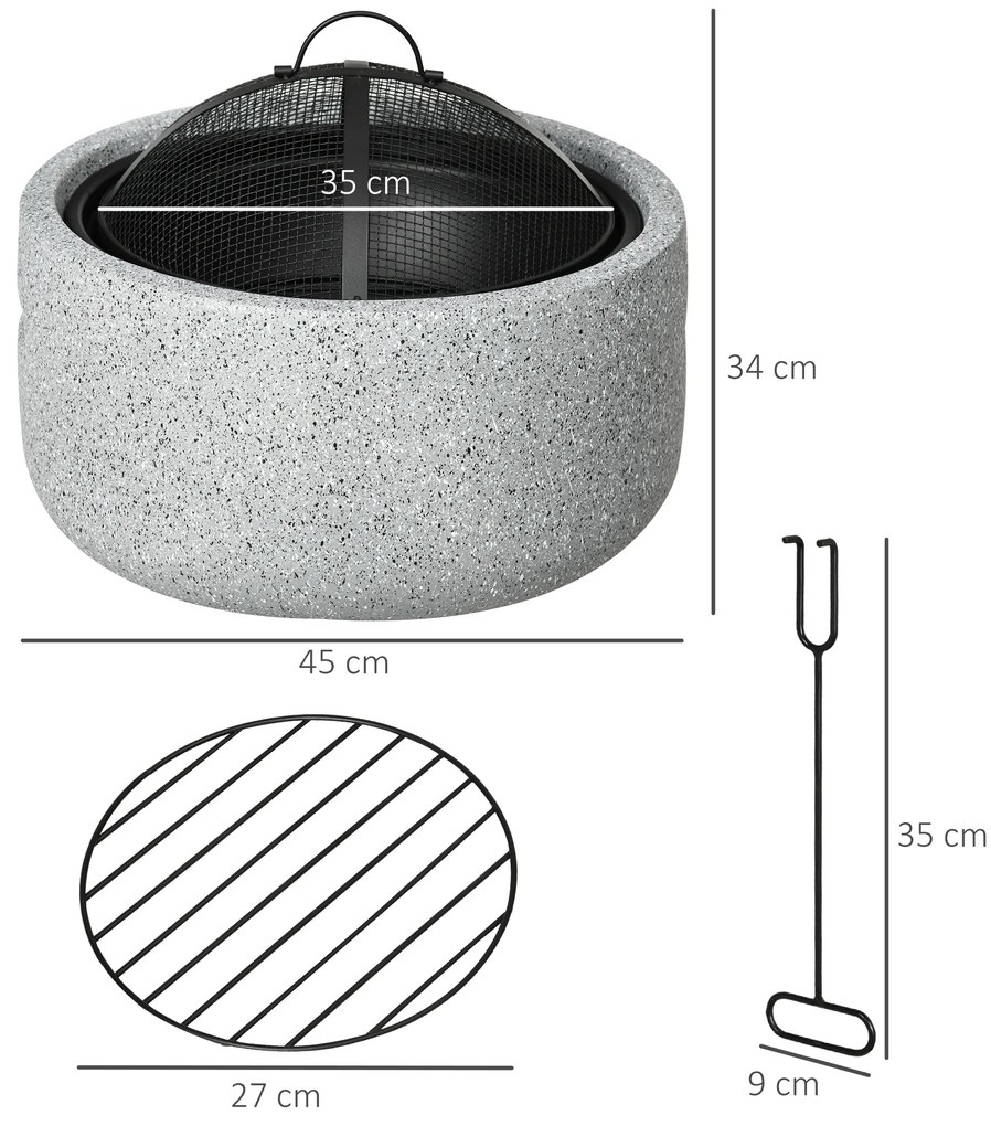 Braseira redonda para jardim exterior com protetor de faíscas e grelha Ø45x34 cm Cinzento