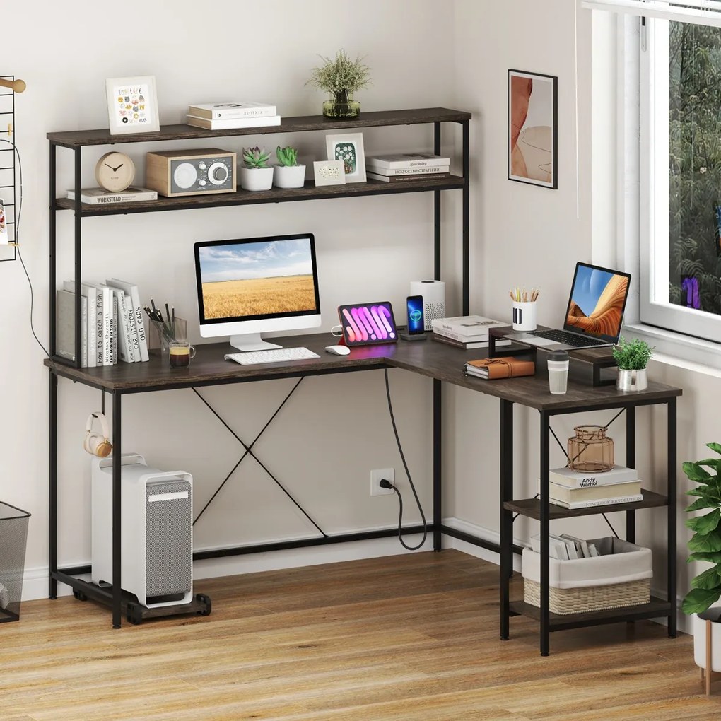 Secretária 145 x 145 x 147 cm em forma de L convertível com tomadas e portas USB e iluminação inteligente cinzento