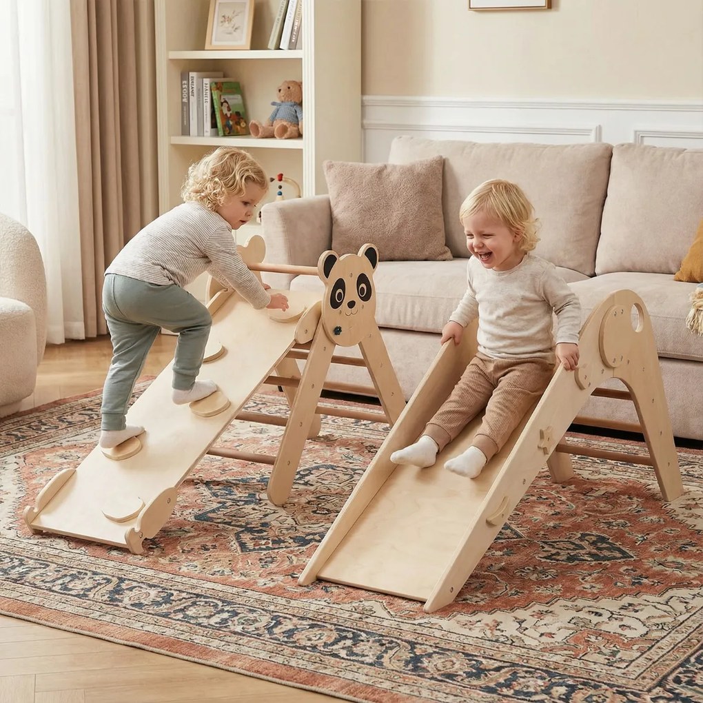 Parque dobrável para escalada para crianças Montessori de escalada em madeira com tema de panda Ginásio interior com escorrega Natural