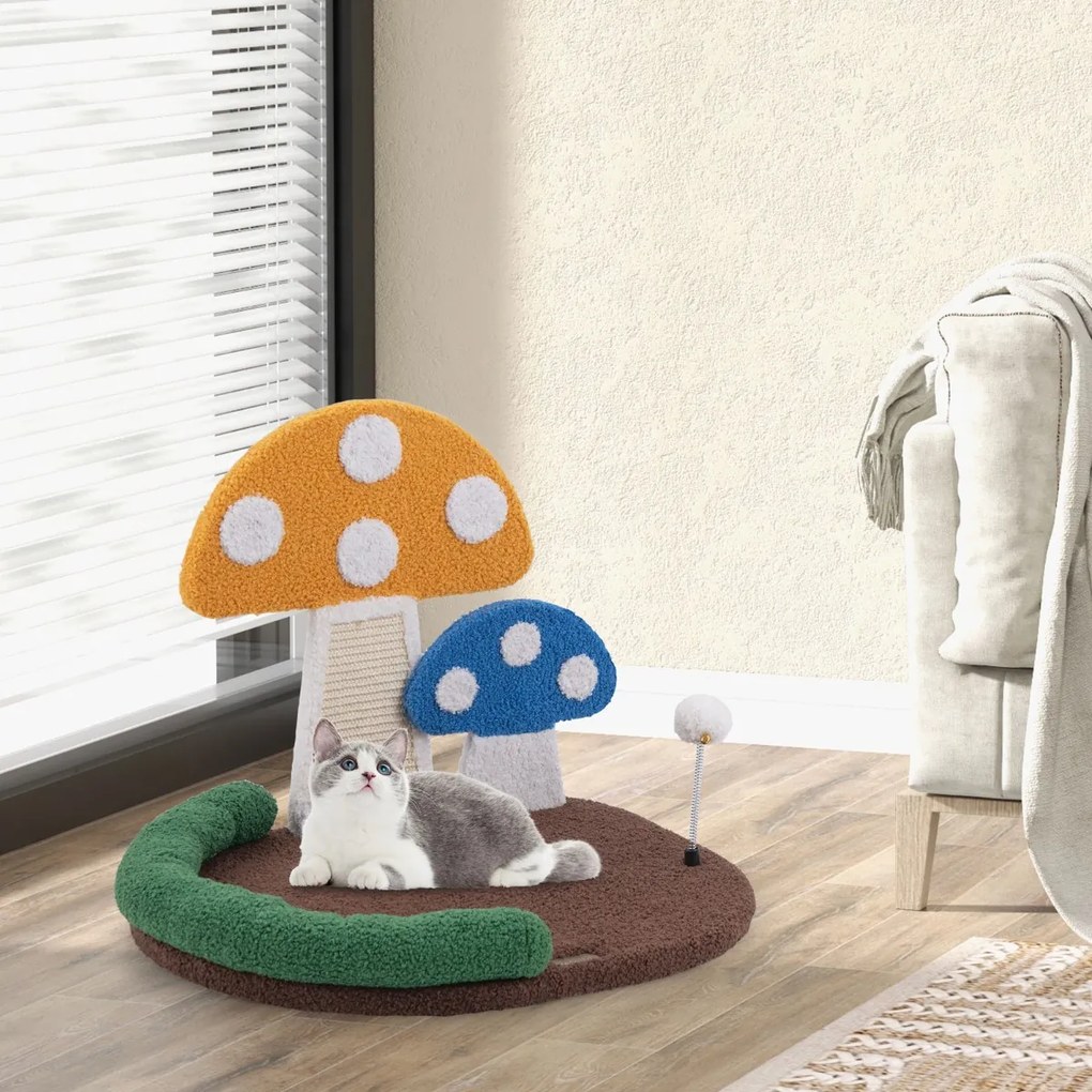 Cama para gatos em forma de cogumelo com plataforma grande e larga Painel para arranhar Sisal Bola de mola