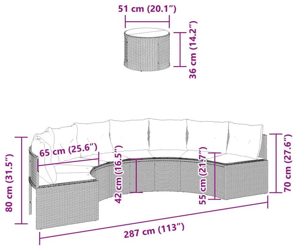 Sofá de jardim com mesa e almofadões semicircular vime PE preto