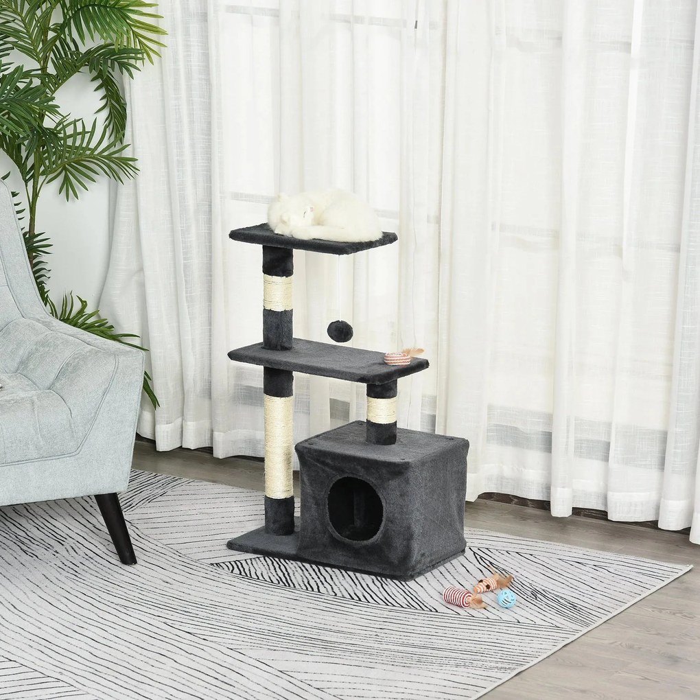 Arranhador para Gatos 50x30x81,5 cm Centro de Atividades para Gatos com Poste de Sisal Plataformas e Caverna Cinza