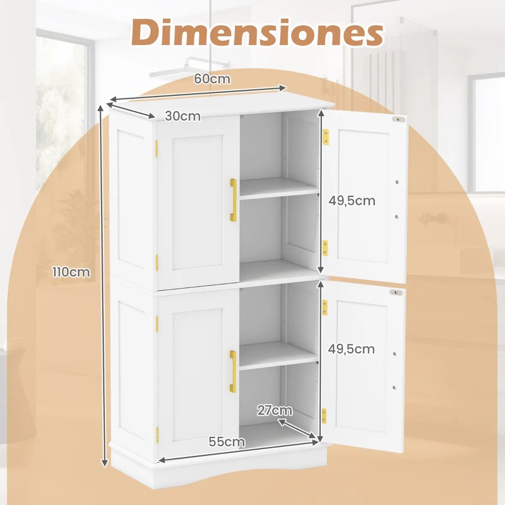 Móvel despensa cozinha 110 cm com 4 portas e 2 prateleiras ajustáveis Armário para cozinha sala de jantar Branco