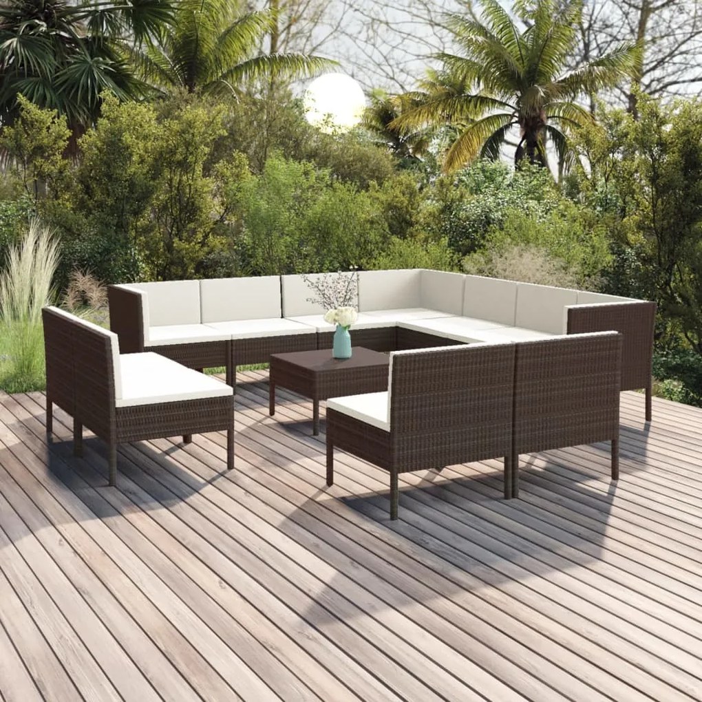 vidaXL 12 pcs conjunto lounge jardim c/ almofadões vime PE castanho