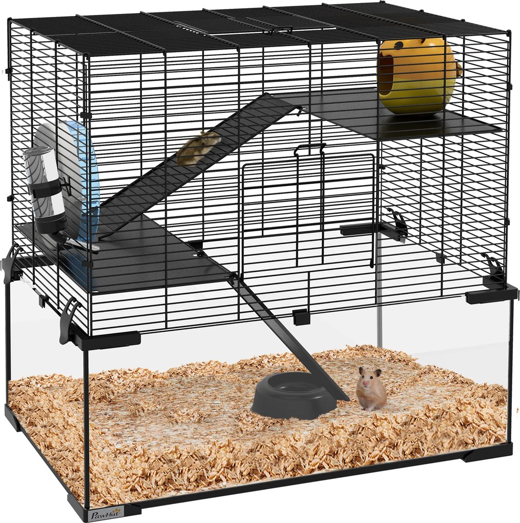 Gaiola para Hamster com Fundo de Vidro Plataformas Comedouro Bebedouro Casa Rampas e Roda de Exercício 60x40x54,5 cm Preto