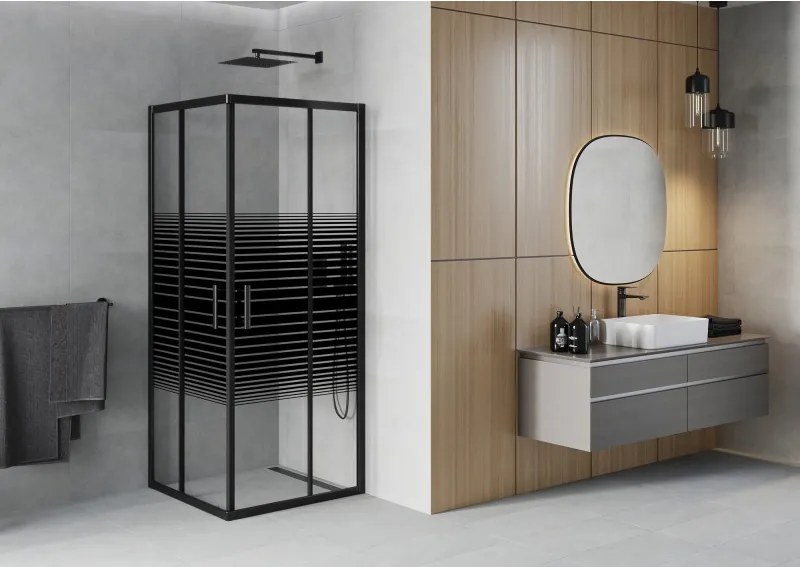 Mexen Rio cabine de duche quadrada 80 x 80 cm, faixas pretas, preta - 860-080-080-70-20
