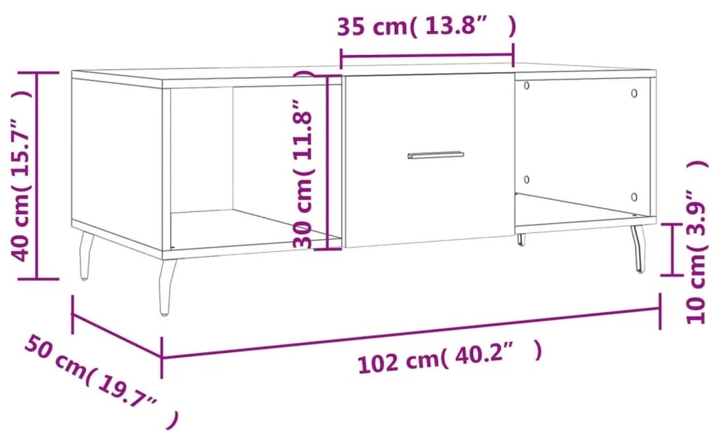 Mesa de centro 102x50x40 cm derivados madeira carvalho fumado