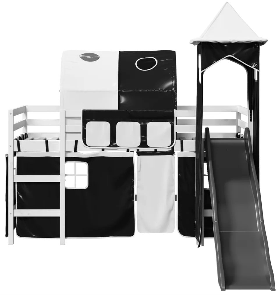 Cama alta criança c/ torre 80x200 cm pinho maciço branco/preto