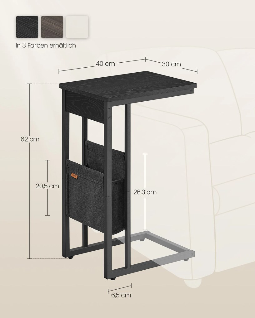 Mesa de apoio em forma de C sofá com saco de arrumação 30 x 40 x 62 cm preto