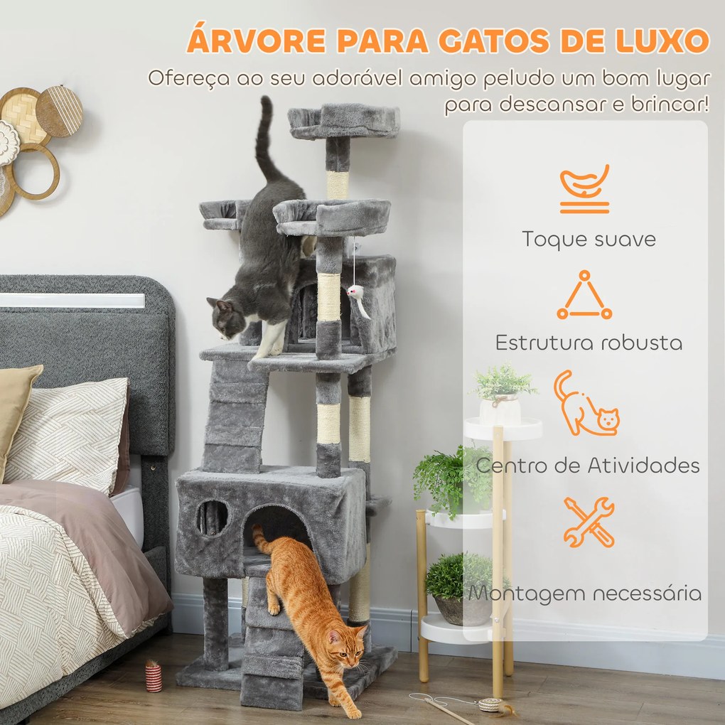 Arranhador para Gatos Arranhador de Gatos 153 cm com 2 Cavernas 3 Camas 2 Rampas Postes de Sisal e 2 Ratos Pendentes Cinzento