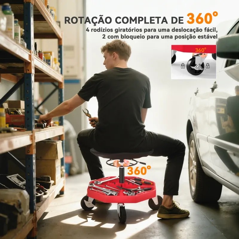 Banco de Oficina Móvel com Bandeja Magnética Altura Ajustável de 52–59,5 cm Carga 135 kg Banco para Mecânico com Rodas para Garagem Reparação de Autom