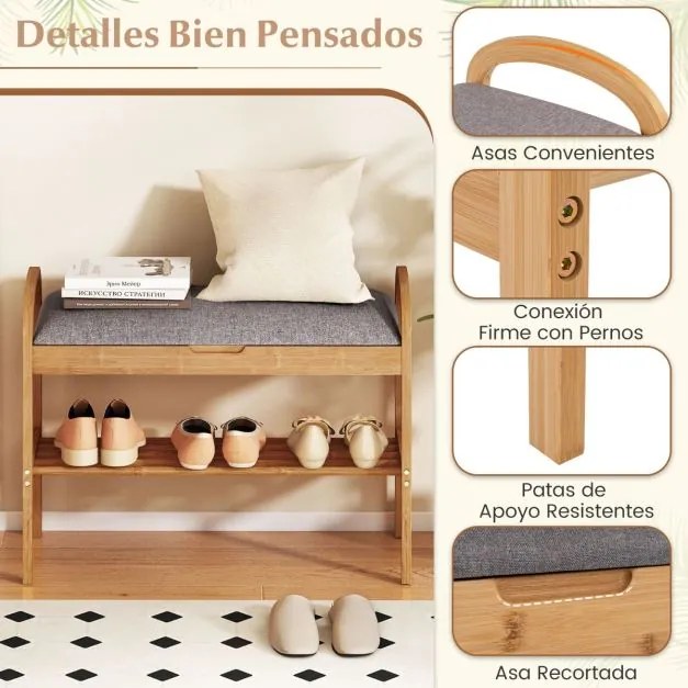 Banco para sapatos em bambu 70 x 31 x 51 cm com 2 níveis, almofada acolchoada e prateleira de arrumação para a entrada, corredor, sala de estar e quar