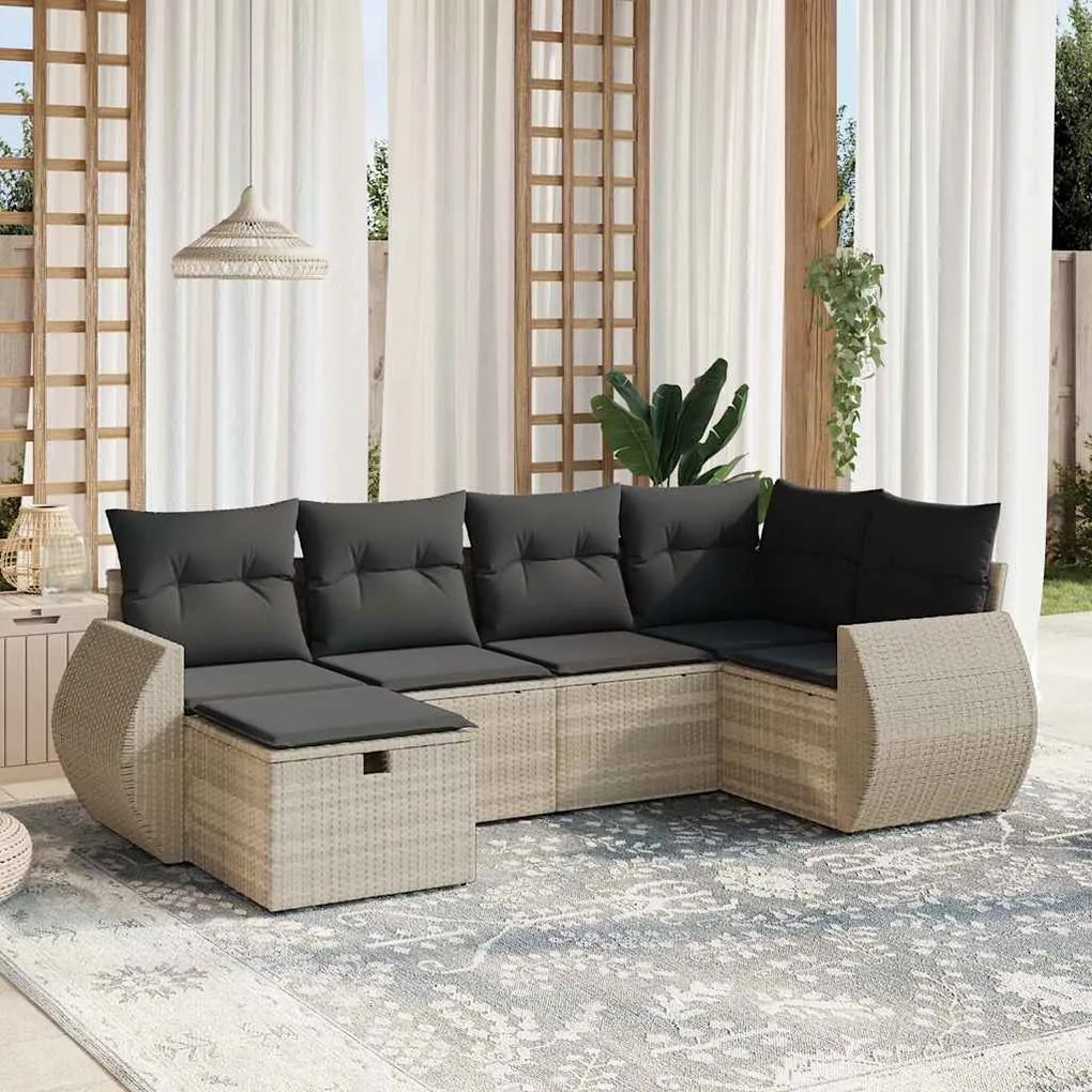 6 pcs conj. sofás jardim com almofadões vime PE cinzento-claro
