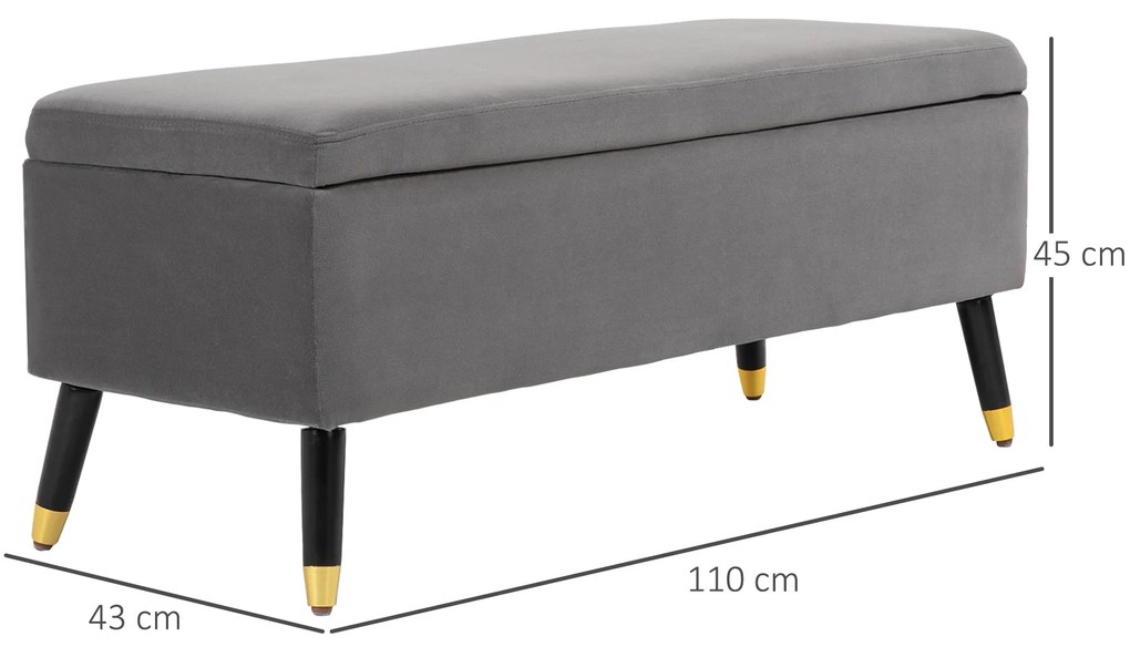 HOMCOM Banco de Armazenamento com Tampa Puff Estofado em Veludo com Assento Acolchoado e Pés de Madeira para Dormitório Entrada 110x43x45cm Cinza