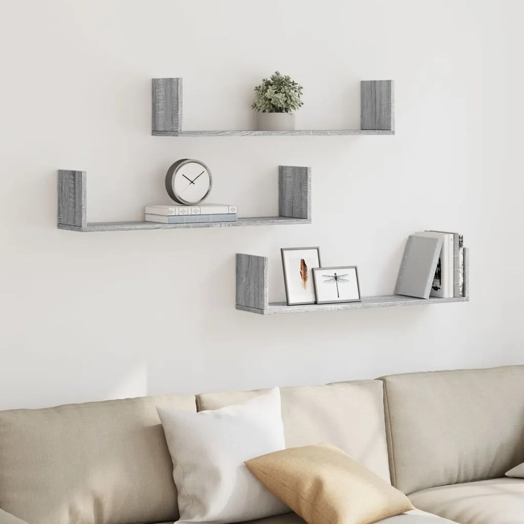 vidaXL Prateleiras de parede 3 pcs derivados madeira cinzento sonoma